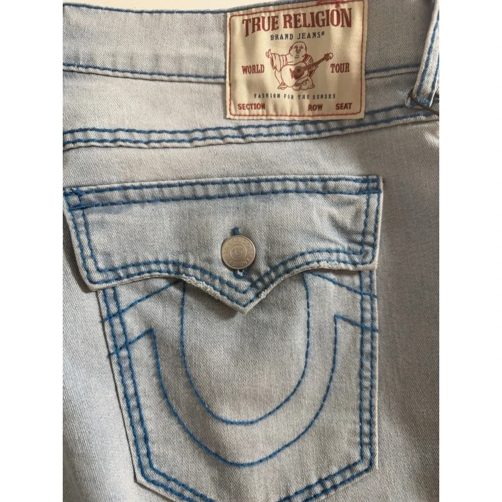 True Religion Geno Big T Flap Jeans 34x32 Light Wash Blue Tonal Stitch New